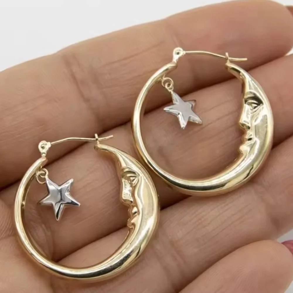 Moon Gold Hoop Earrings with Silver Star Charm - Picture 6 of 6